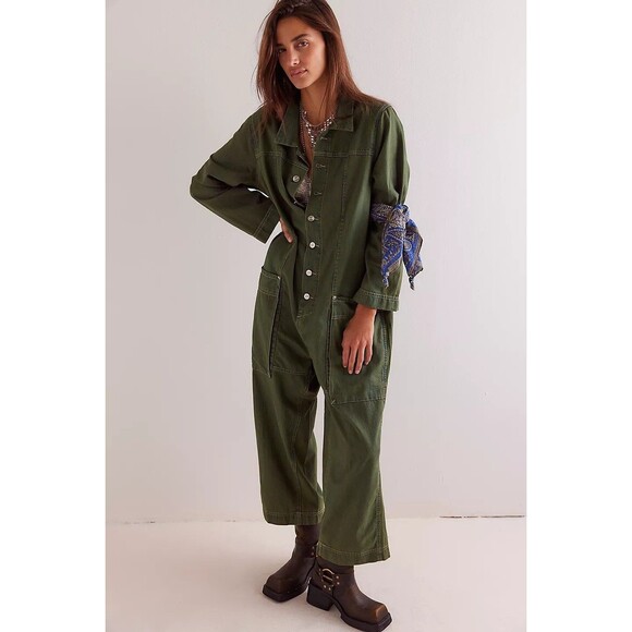Free People We The Free Margarita Jumpsuit Utility Rigid Denim Wide Leg S 282138 - Picture 1 of 11
